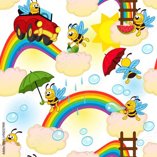 seamless pattern with bee on rainbow - vector illustration  eps
