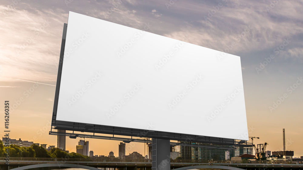 3D illustration of blank white billboard against sky. - obrazy, fototapety, plakaty 