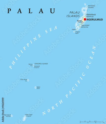 Palau political map with capital Ngerulmud. Republic and island country in North Pacific Ocean forming the western chain of Caroline Islands in Micronesia. English labeling. Illustration.