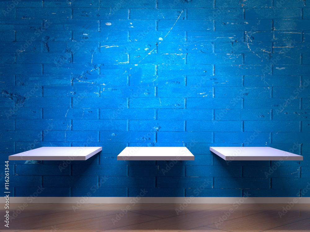 White three shelves for object on blue brick wall background and wooden ...