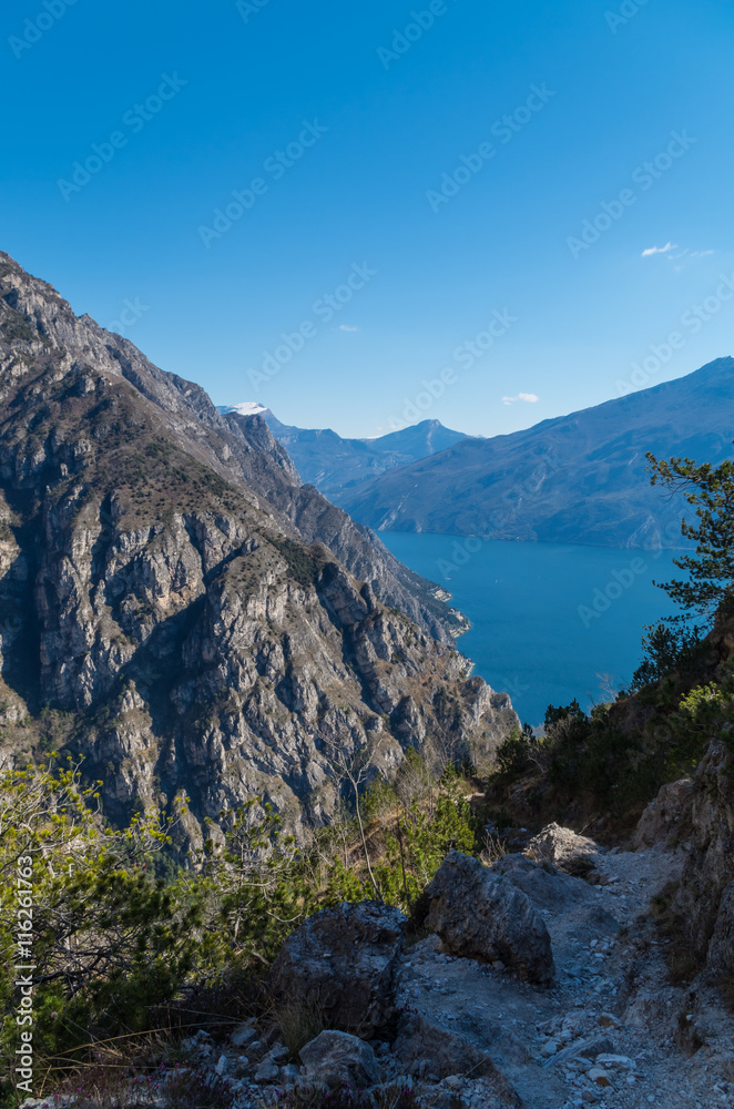 Beautiful view on Lake Garda from mountains near Limone, Italy
