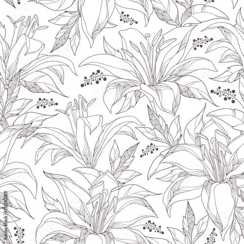 Fototapeta Naklejka Na Ścianę i Meble -  Seamless pattern with ornate white Lily flower and leaves on the white background. Elegance monochrome floral background with lilies in contour style for summer design and coloring book.