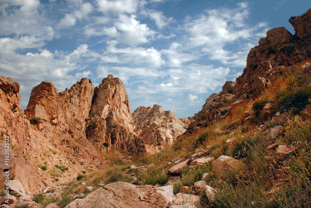 Fototapeta premium Скалы западного Тянь-Шаня в августе с облаками