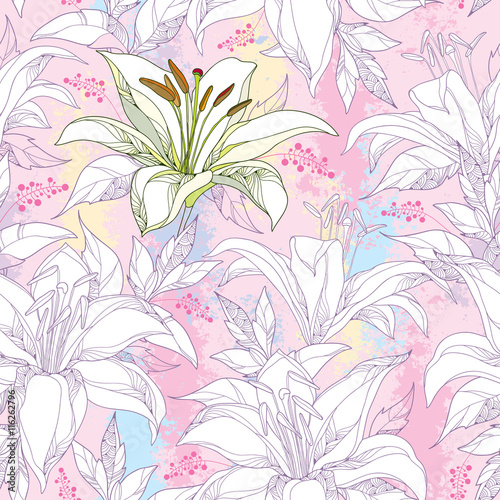 Fototapeta Naklejka Na Ścianę i Meble -  Seamless pattern with ornate white Lily flower on the textured pastel background. Elegance floral background in pastel with lilies in contour style for summer design.