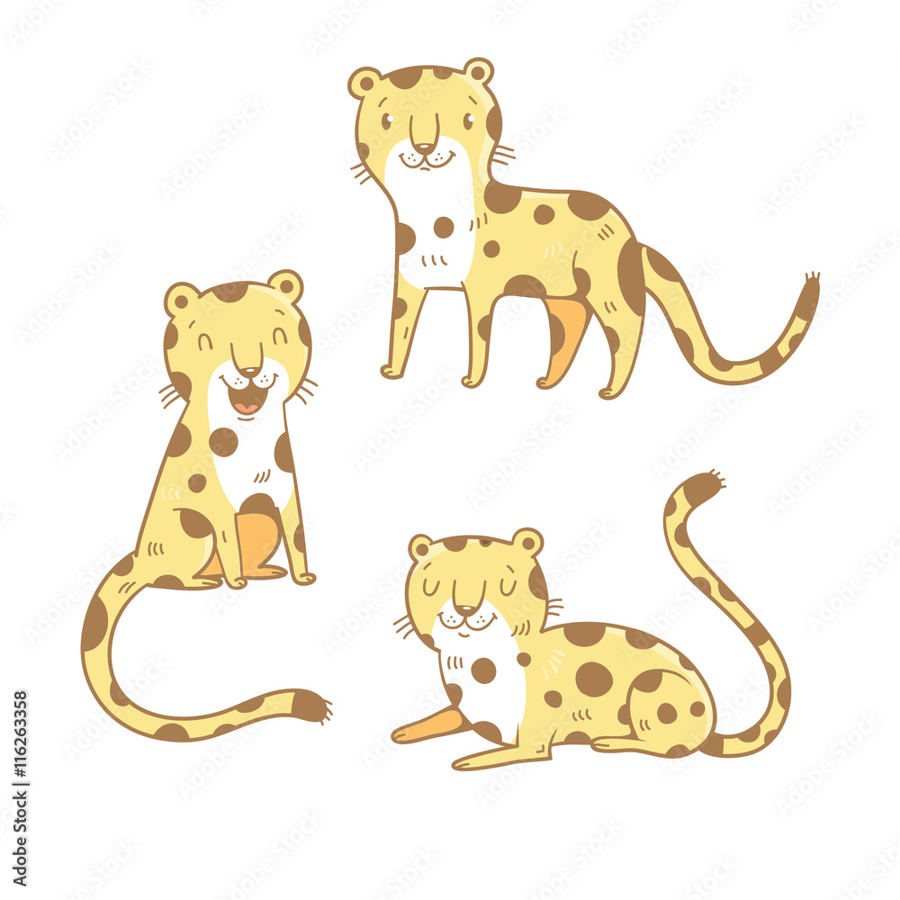 Obraz premium Cute cartoon leopards set. Three little wild kitten. Funny african animals. Children's illustration. Collection for kids. Vector image.