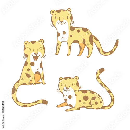 Cute cartoon leopards set. Three little wild kitten. Funny african animals. Children s illustration. Collection for kids. Vector image.