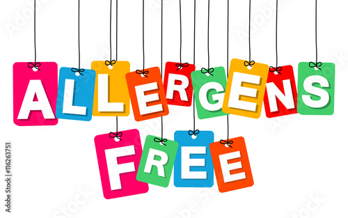 Vector colorful hanging cardboard. Tags - allergens free