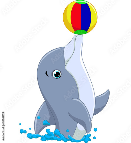 Happy dolphin cartoon playing ball
