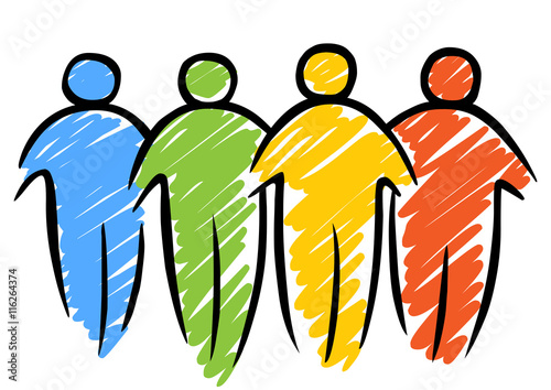 Abstrakt gezeichnete Gruppe aus vier wohlbeleibten Menschen / blau, grün, gelb, rot / schraffiert, Vektor, freigestellt