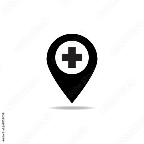 Map pointer with hospital sign