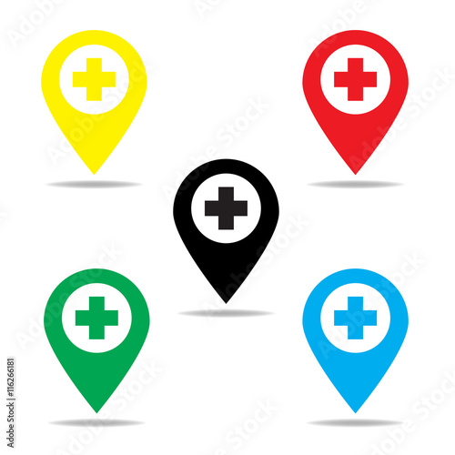 Map pointer with hospital sign