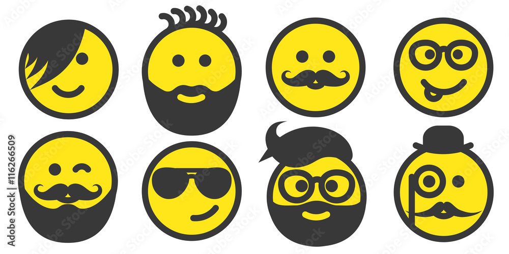 Set of hipster yellow smiley faces icons, emoticons, emoji isolated on white background, vector illustration Set of hipster yellow smiley faces icons, emoticons, emoji isolated on white background, vector illustration