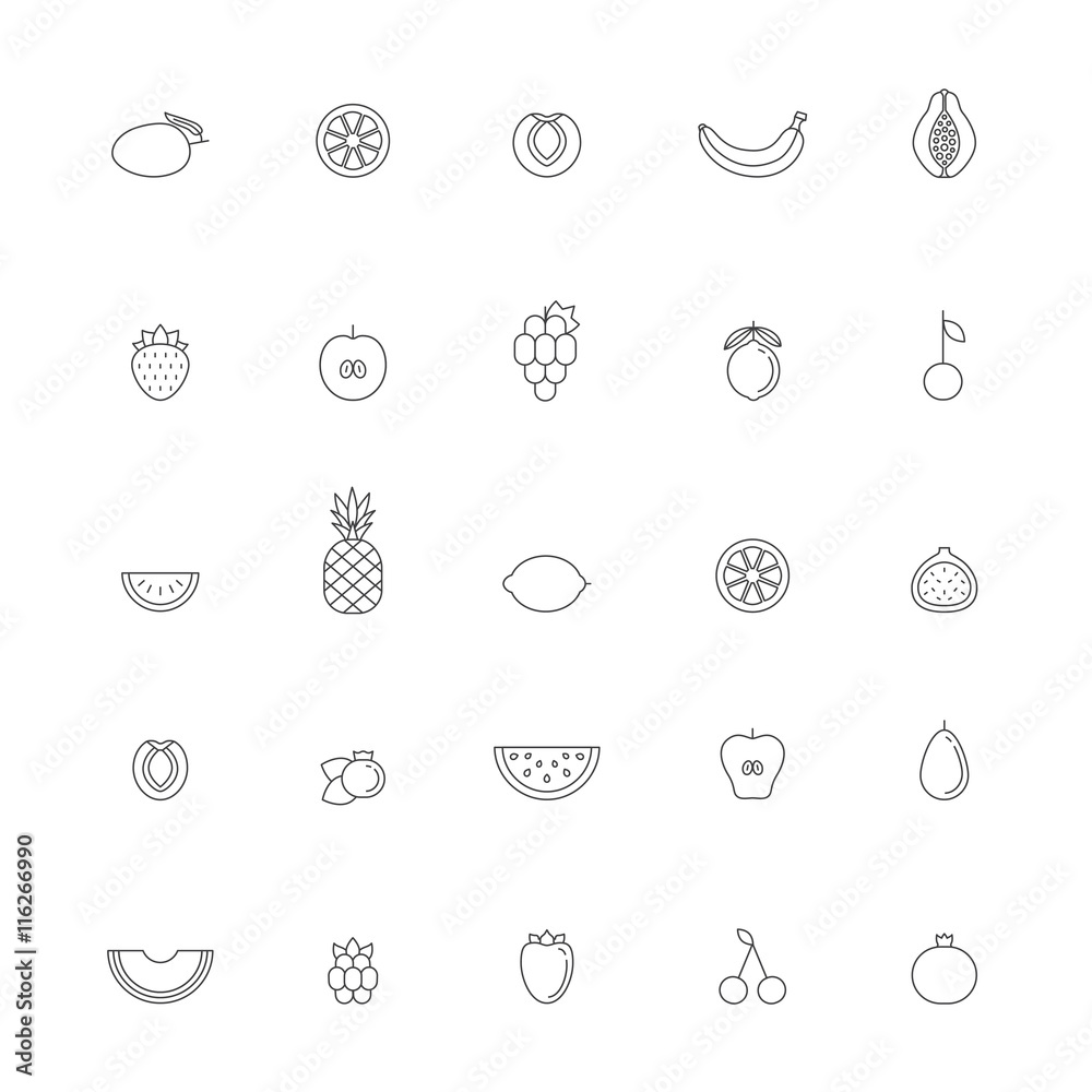 Fruit icon set. Clean and simple outline design.