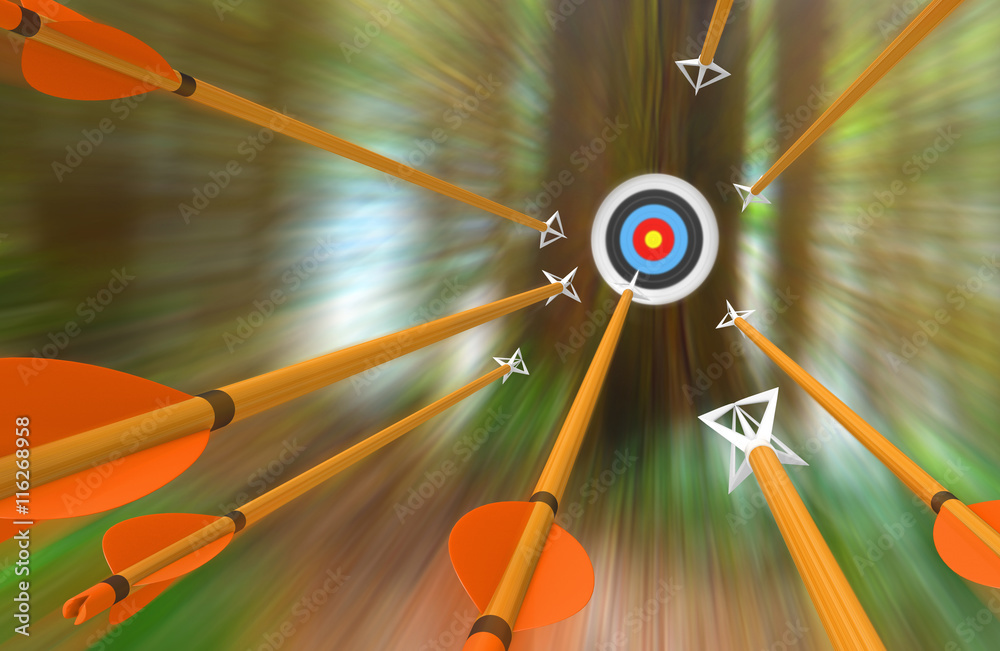 Barrage of arrows flying to an archery target in blurred motion, 3D