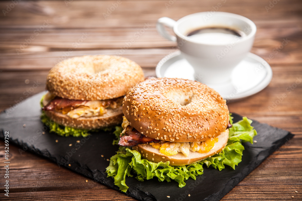 Bagel with bacon and egg Bagel with bacon and egg