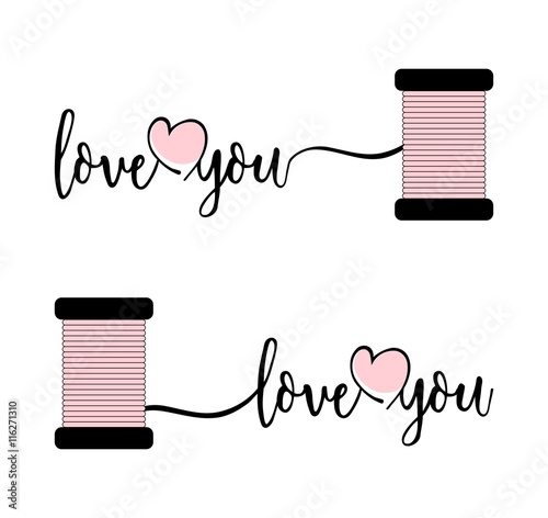 Stylish text I love you with pink heart and thread