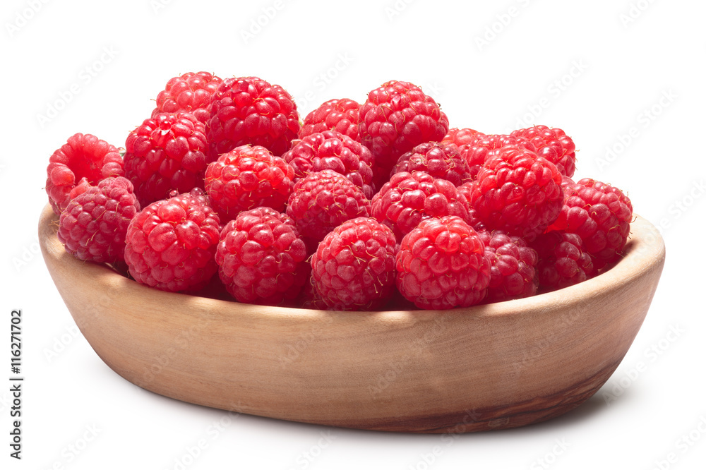 Wooden bowl of fresh raspberries Wooden bowl of fresh raspberries