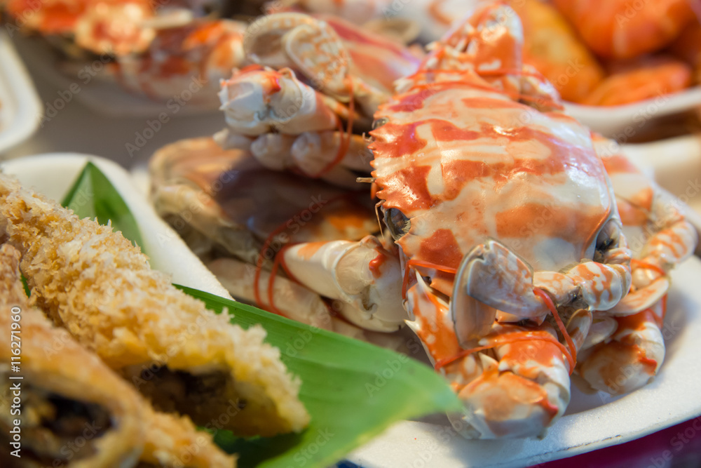 Boiled crabs at a market Boiled crabs at a market
