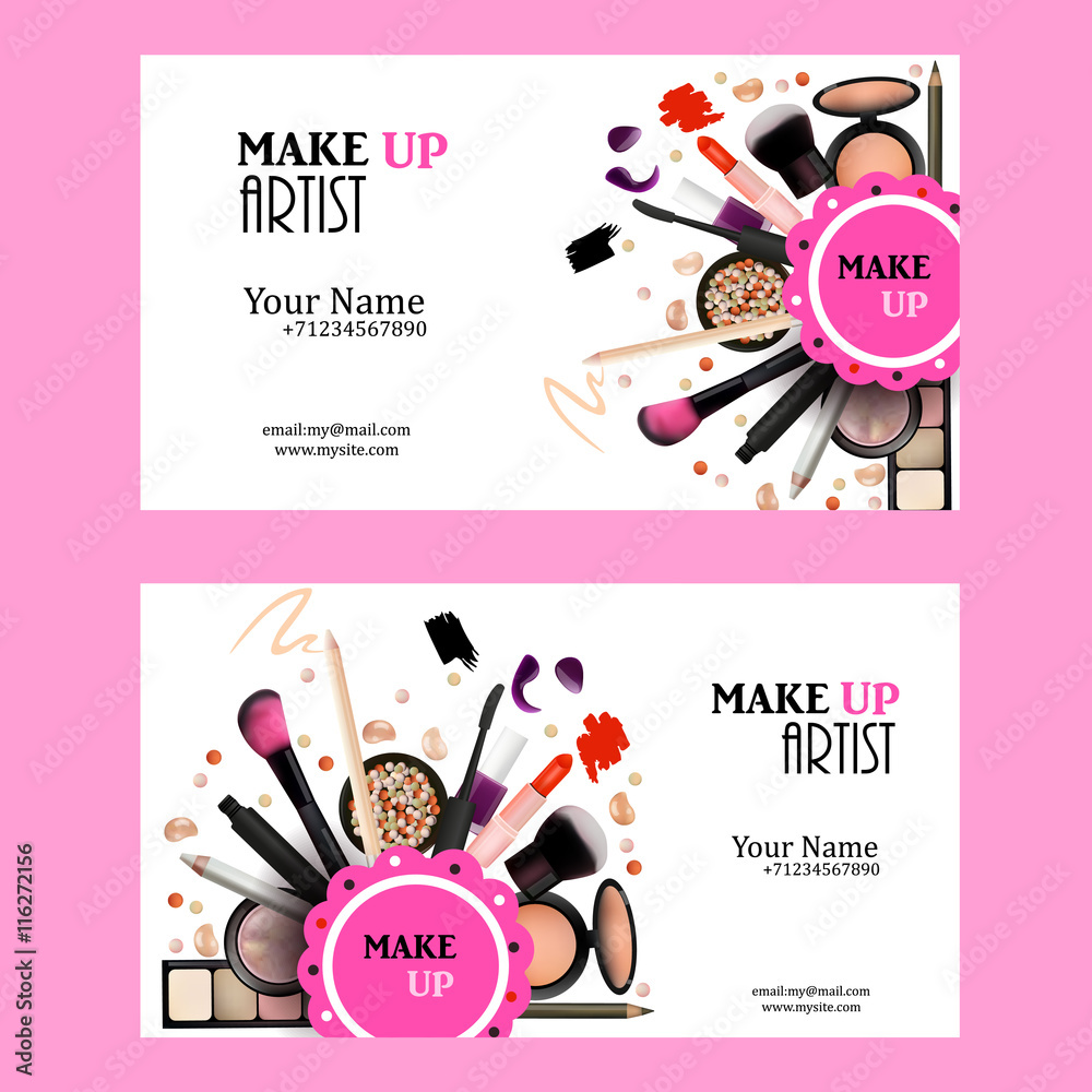 Make Up Artist Business Card Design Set. Cosmetic Products Vector  Illustration with Pencil, EyeShadow,Powder,Lipstic,Mascara,Brush. Printable  Template for Banner, Poster, Voucher, Booklet. Stock Vector | Adobe Stock