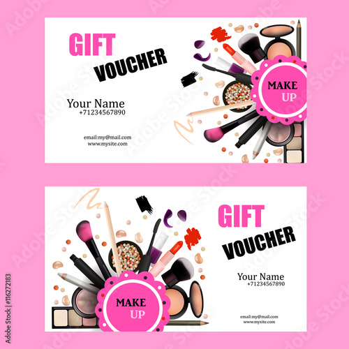 Gift Voucher Card Design Set. Cosmetic Products for Make Up Artist Vector Illustration with Pencil, EyeShadow,Powder,Lipstic,Mascara,Brush. Printable Template for Banner, Poster, Voucher, Booklet.