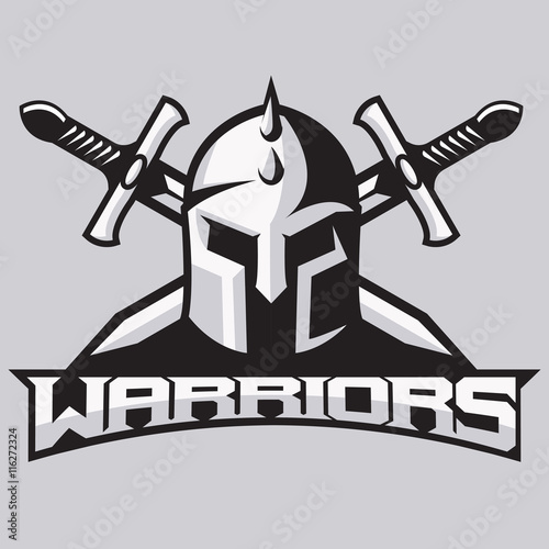 Warrior mascot for sport teams. Helmet with swords, logo, symbol on a light background.
