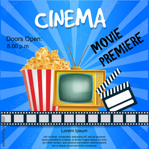 Realistic Cinema Poster. Movie Premiere. Template Banner with TV, Popcorn, Clapper and Film. Vector Detailed Illustration on Blue Background.