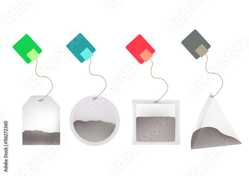 Tea Bags Illustration with Labels In Round, Rectangle, Square, Pyramid Shapes. Vector Template Illustration For Your Design. Isolated On White Background.