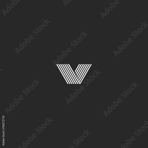 Monogram V letter hipster logo, black and white thin line business card mockup emblem
