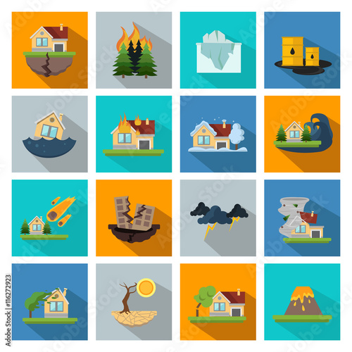 Sixteen Disaster Damage Line Icon Set