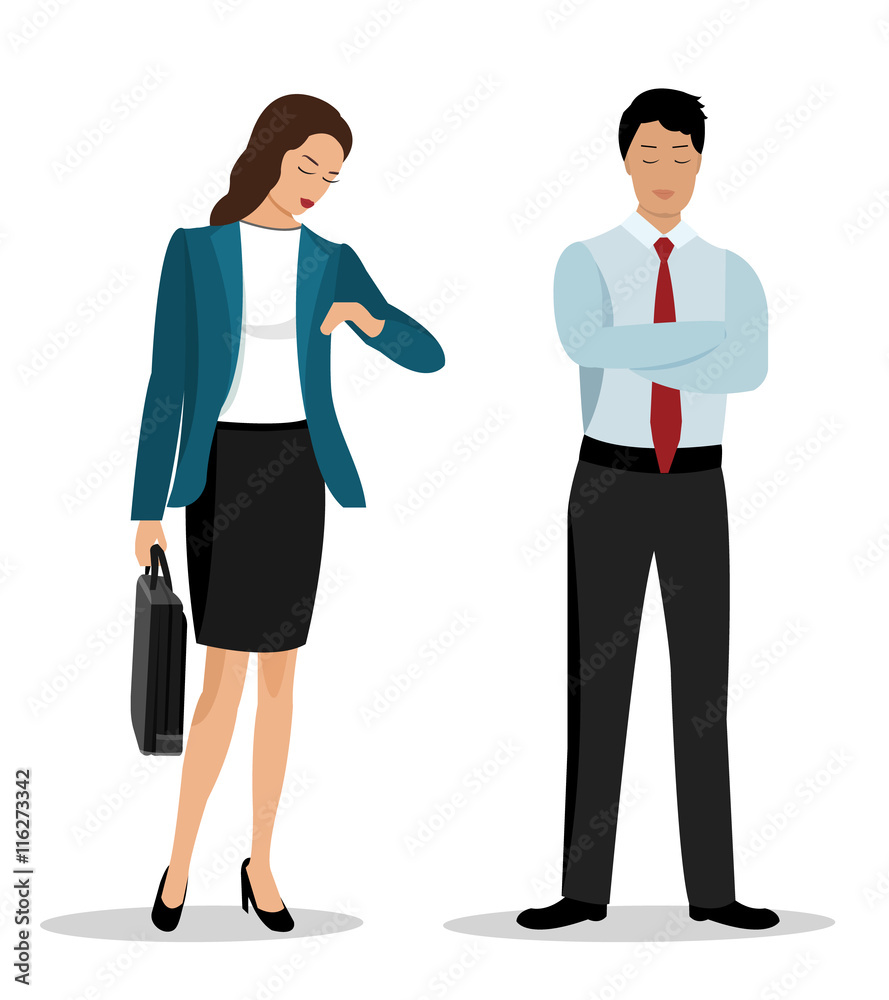 Flat style business people: businessman and businesswoman in stylish clothes. Vector illustration isolated.