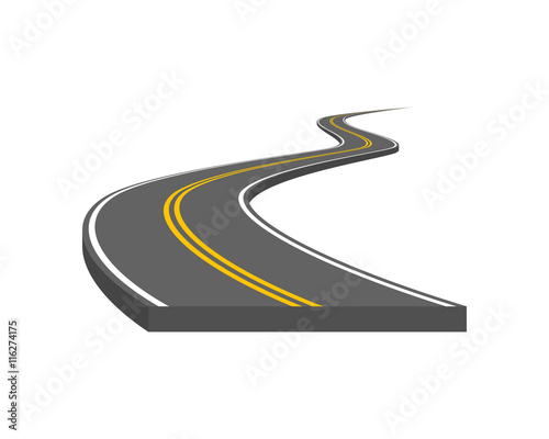 Road vector illustration. Curved highway with markings.