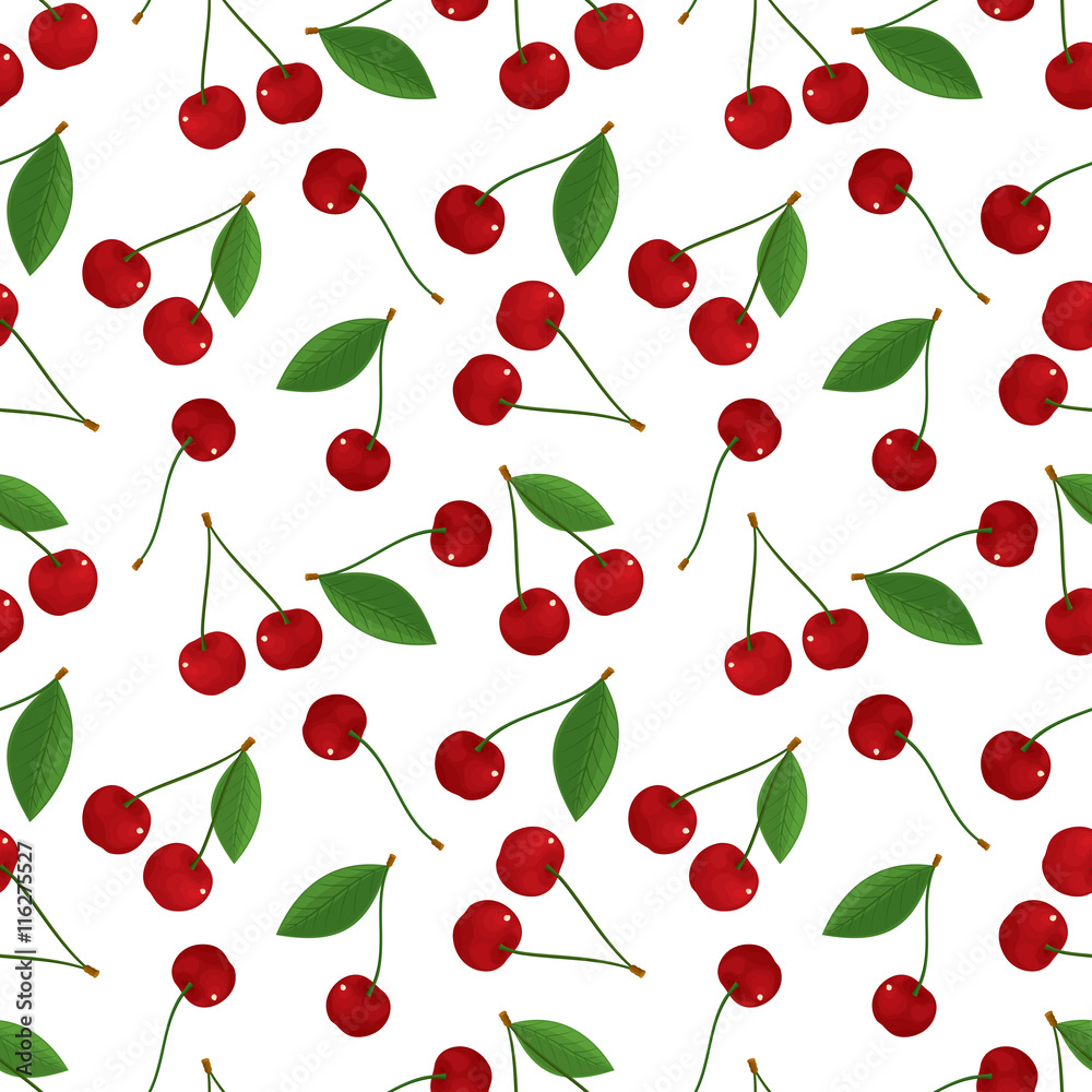 Seamless pattern of fresh, ripe, succulent cherries with leaves in colour. Vector illustration on white background. Seamless pattern of fresh, ripe, succulent cherries with leaves in colour. Vector illustration on white background.