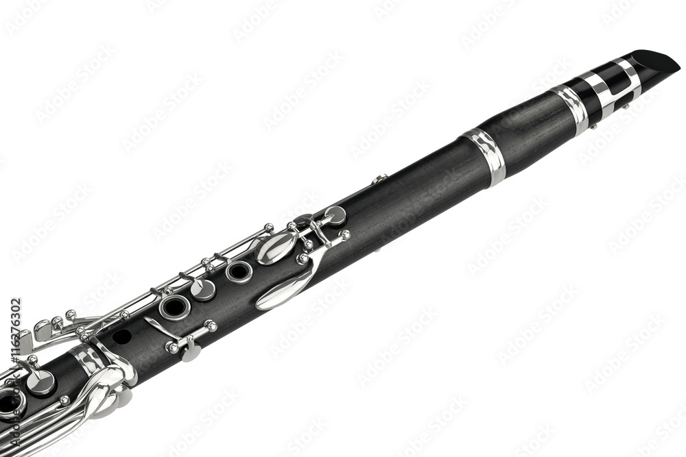 Naklejka premium Clarinet woodwind instrument with chrome valve, close view. 3D graphic