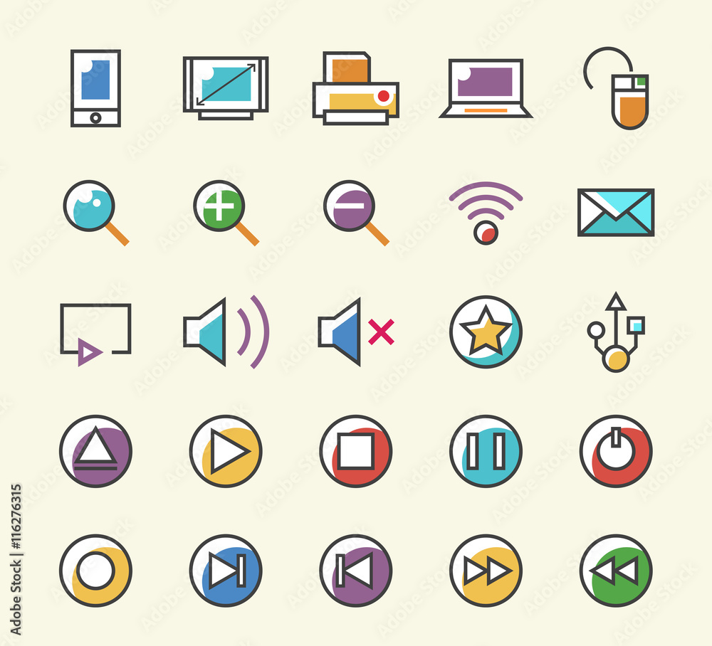 Set of 25 Minimalistic Solid Line Coloured Multimedia Icons. Isolated Vector Elements.