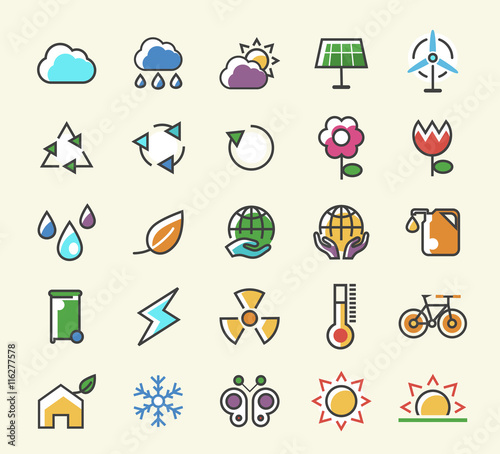 Set of 25 Minimalistic Solid Line Coloured Ecology Icons. Isolated Vector Elements.