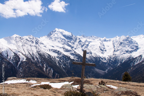 Summit Cross in front of Ortles Glacier, Italy, Europe