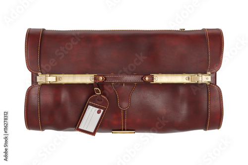 Travel brown leather gripsack on lock, bag, top view. 3D graphic