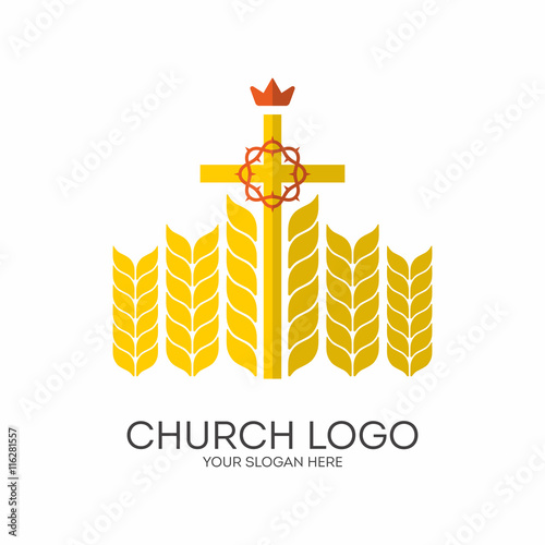 Church logo. Christian symbols. Cross and ripe wheat.