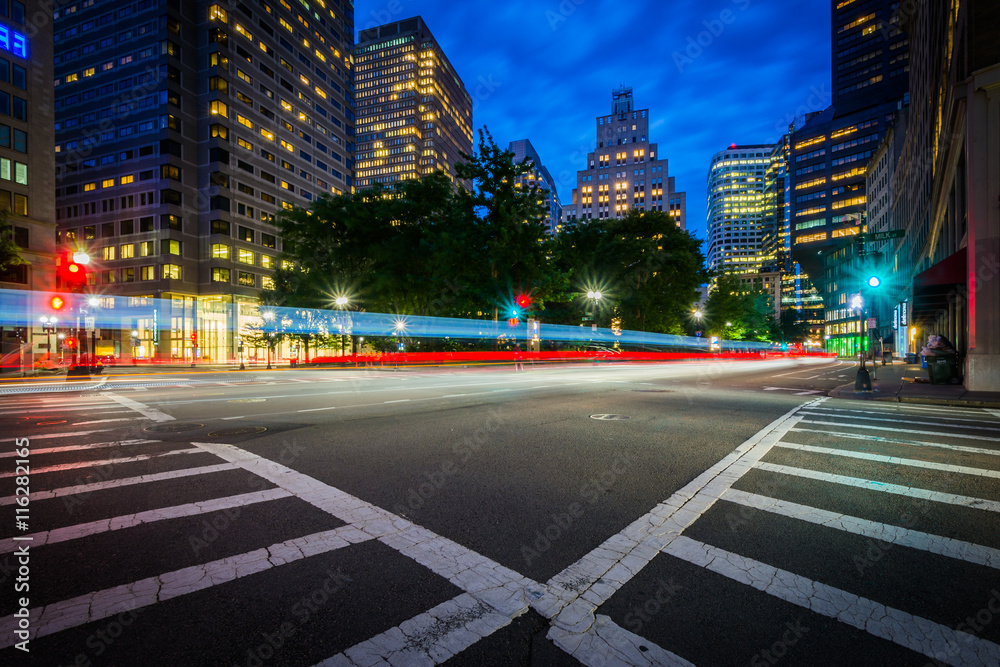 An intersection and crosswalks in the Financial District at nigh An intersection and crosswalks in the Financial District at nigh