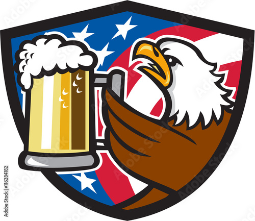 Bald Eagle Hoisting Beer Stein USA Flag Crest Retro