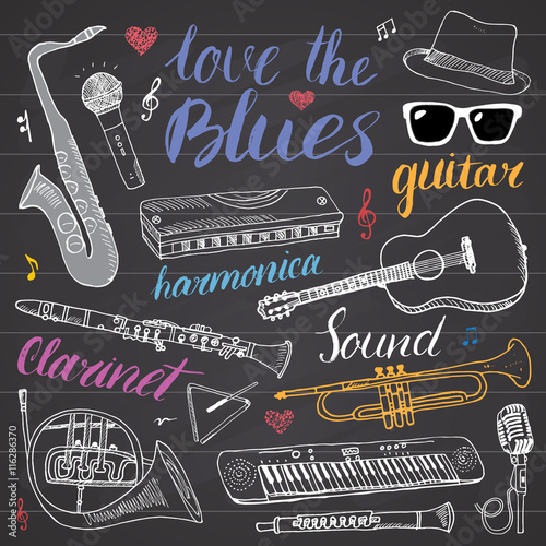 Music Instruments Set. Hand Drawn Sketch, Vector Illustration On Chalkboard.