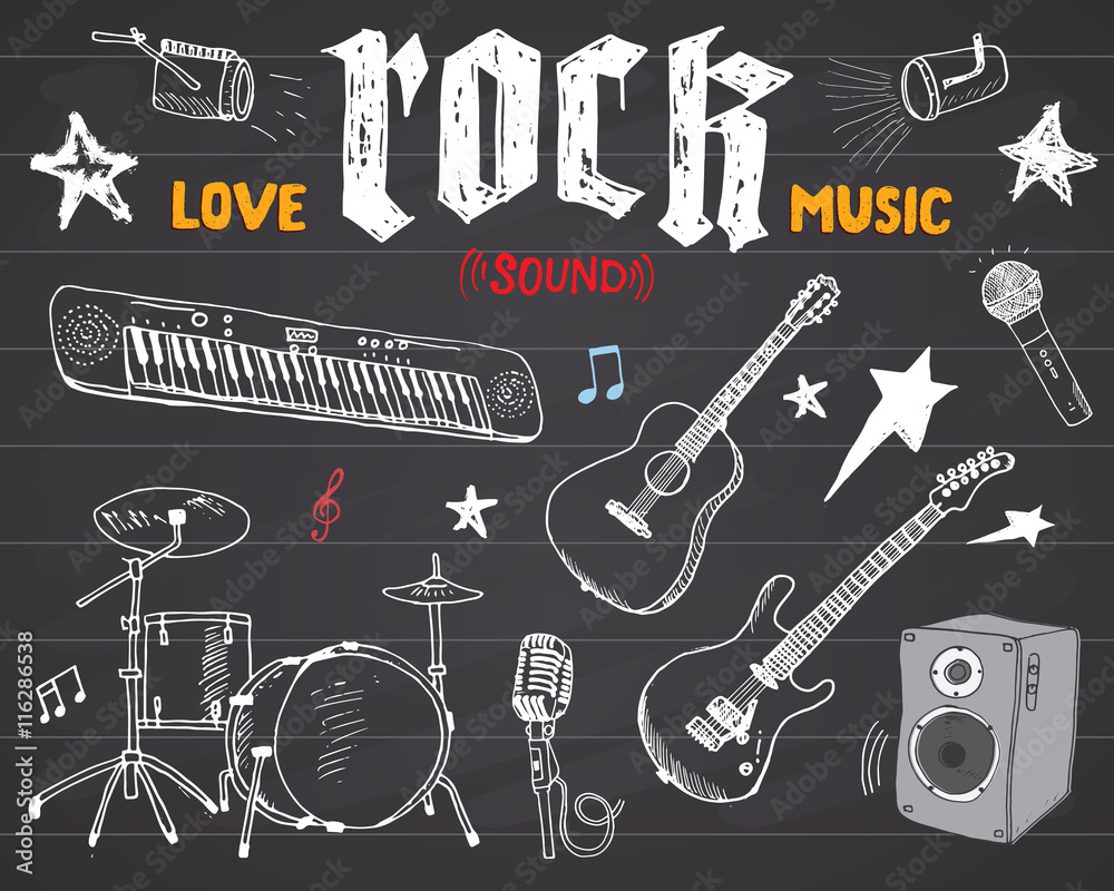 Fototapeta premium Music Instruments Set. Hand Drawn Sketch, Vector Illustration On Chalkboard.
