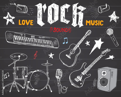 Music Instruments Set. Hand Drawn Sketch, Vector Illustration On Chalkboard.
