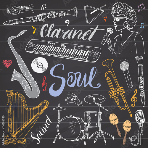 Music Instruments Set. Hand Drawn Sketch, Vector Illustration On Chalkboard.
