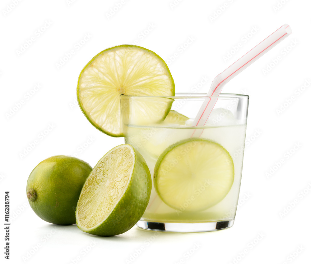 Caipirinha cocktail with lime wedge isolated on white background Caipirinha cocktail with lime wedge isolated on white background