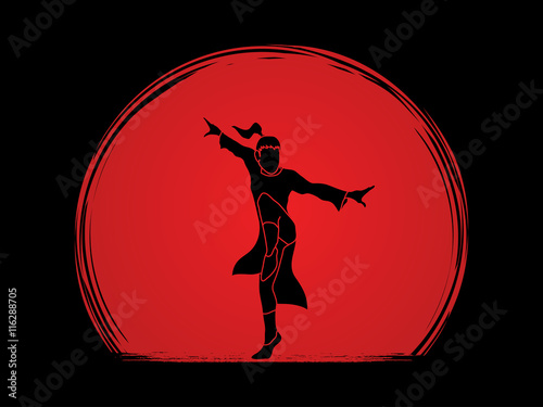 Kung fu pose, designed on sunset background graphic vector.