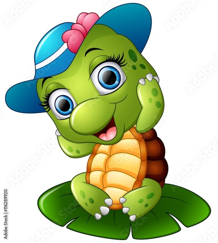 Happy turtle with blue cap on the lotus leaf