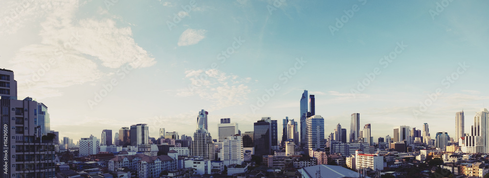 Panoramic cityscape of Bangkok city in sunrise, vintage tone