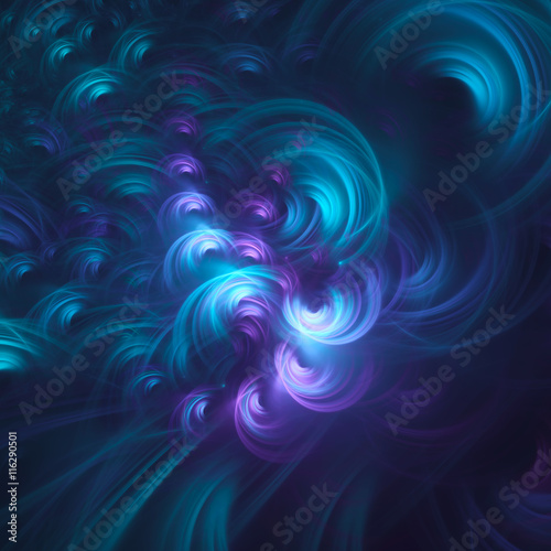 Abstract fractal, chaotic glowing light cyan curls on dark blue background