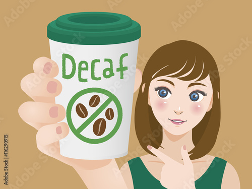 young woman holding a cup of decaf coffee and pointing it, vector illustration